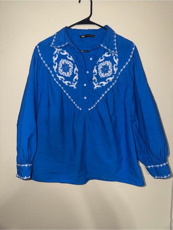 Zara Tops - Zara Royal Blue Blouse with White Embroidery